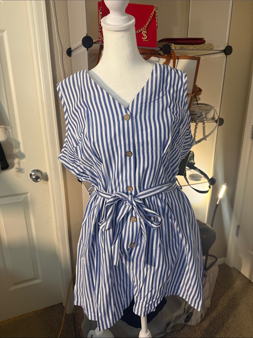 Striped Blue & White Button-Front Romper with Tie Waist